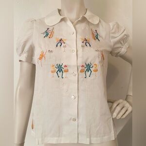 Vtg 60s 70s embroidered insect musician puff sleeve blouse top sz S/M